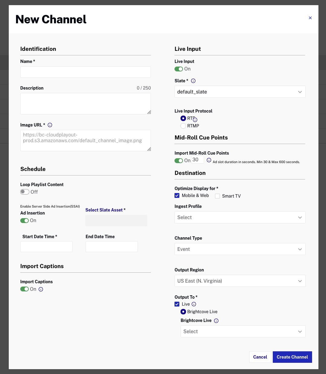 SSAI Channel with Live Input Type selector