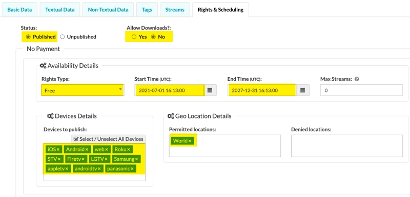 Rights & Scheduling Settings